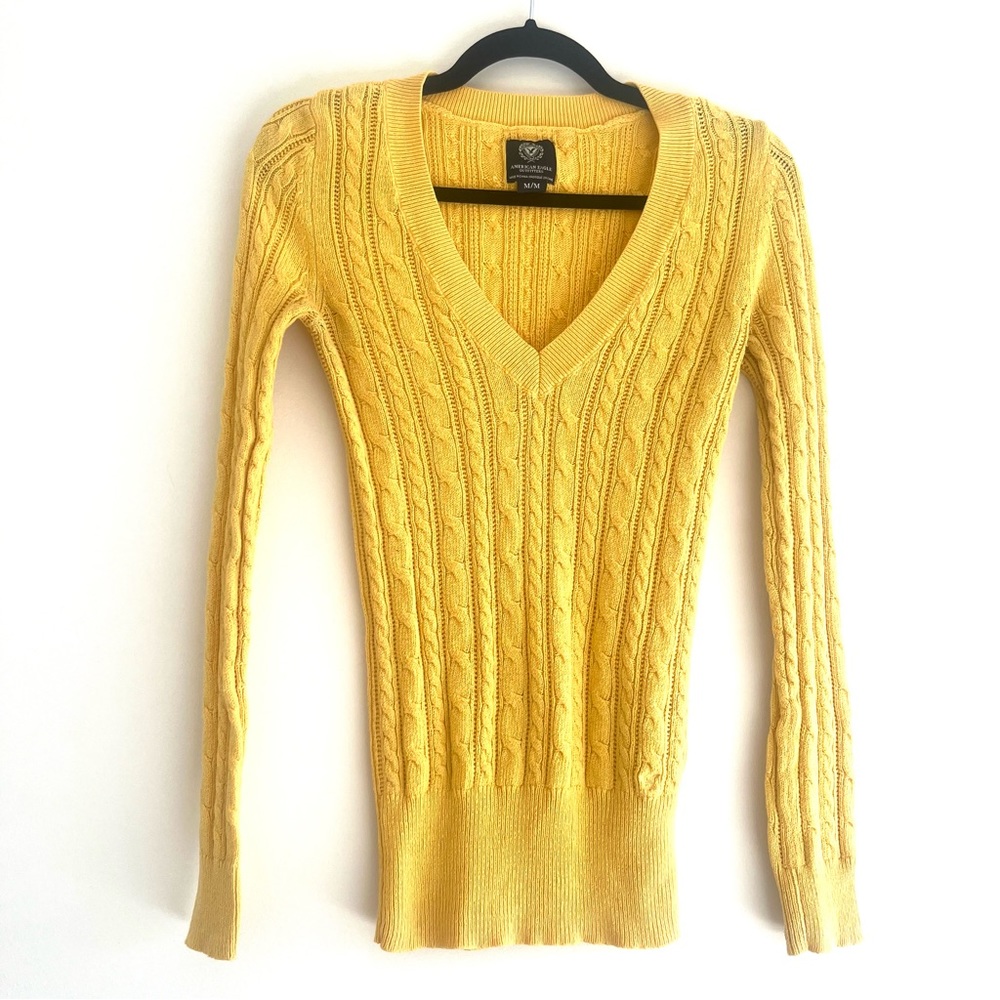 Y2K AEO Cable Knit V-Neck Yellow Sweater - American Eagle Outfitters - Size M